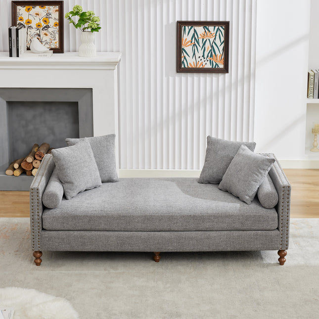 75.2'' Wide Upholstered Chaise Lounge Indoor with Nailheads,Sleeper Sofa Couch With 4 Throw Pillows&2 Bolsters,Daybed with Rubberwood Legs For Living Room,Bedroom, Apartment,Guestroom,Gray Chenille
