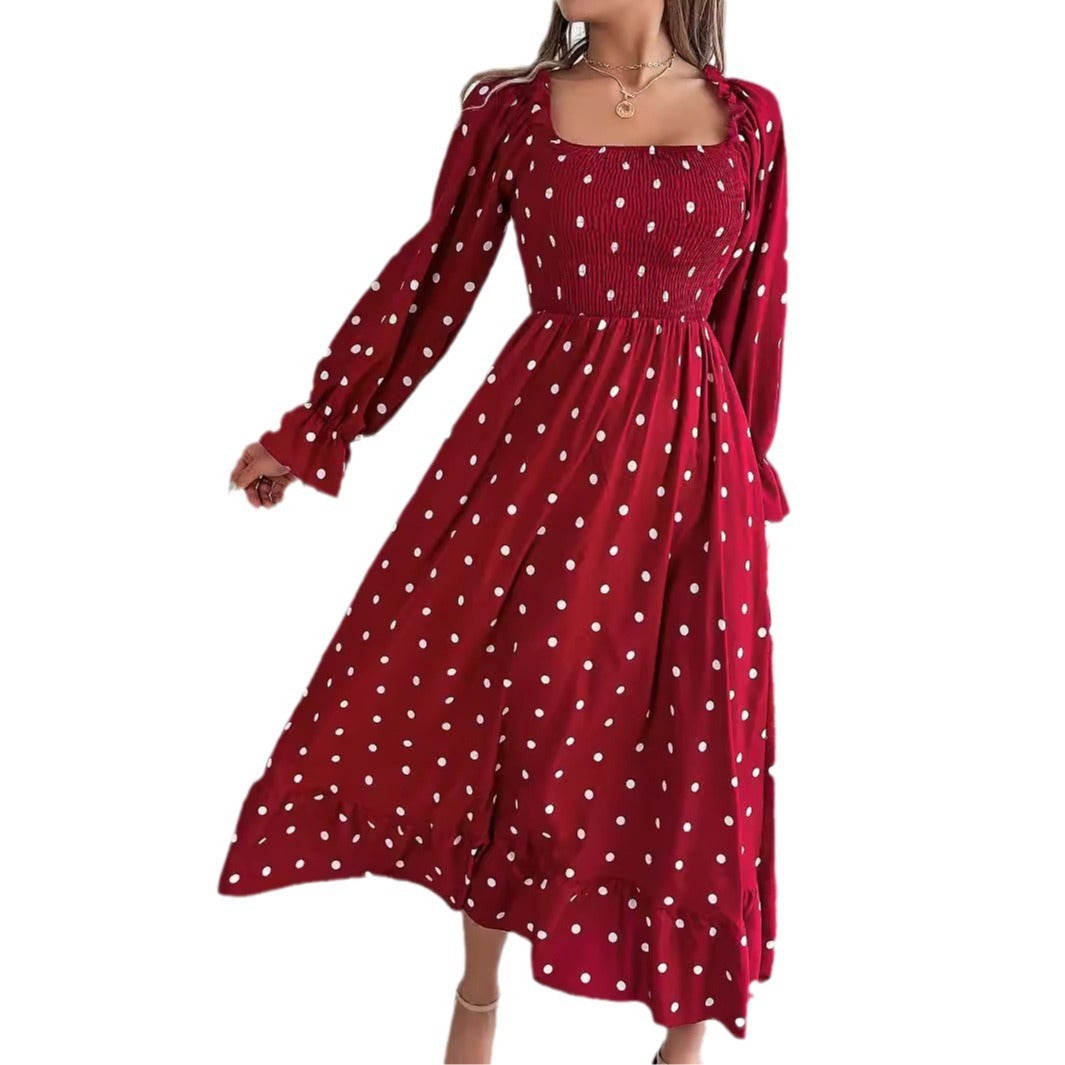 Casual Square Collar Polka Dot Swing Dress With Wooden Ears