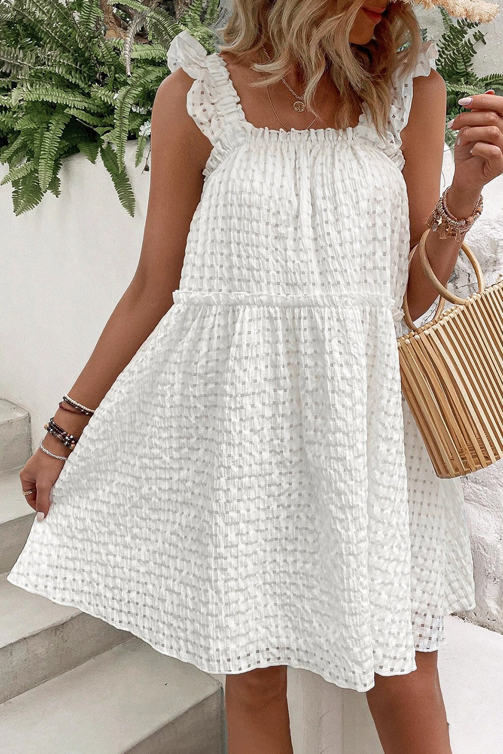 White Ruffle Straps Frill Trim Textured Vacation Dress - Eloy Royal