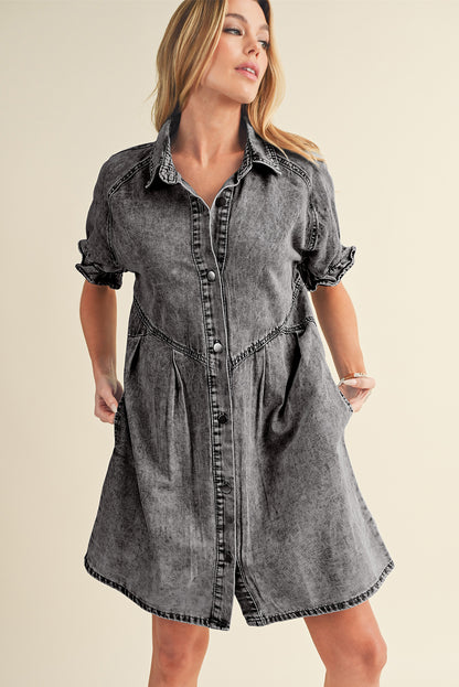 Blue Mineral Washed Ruffled Short Sleeve Pocketed Denim Dress - Eloy Royal