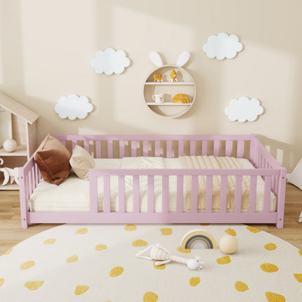 Twin Size Floor Bed with Fence without Door, Rubber Wood Floor Bed with Safety Guardrails,Pink (Old Sku W504P296798)