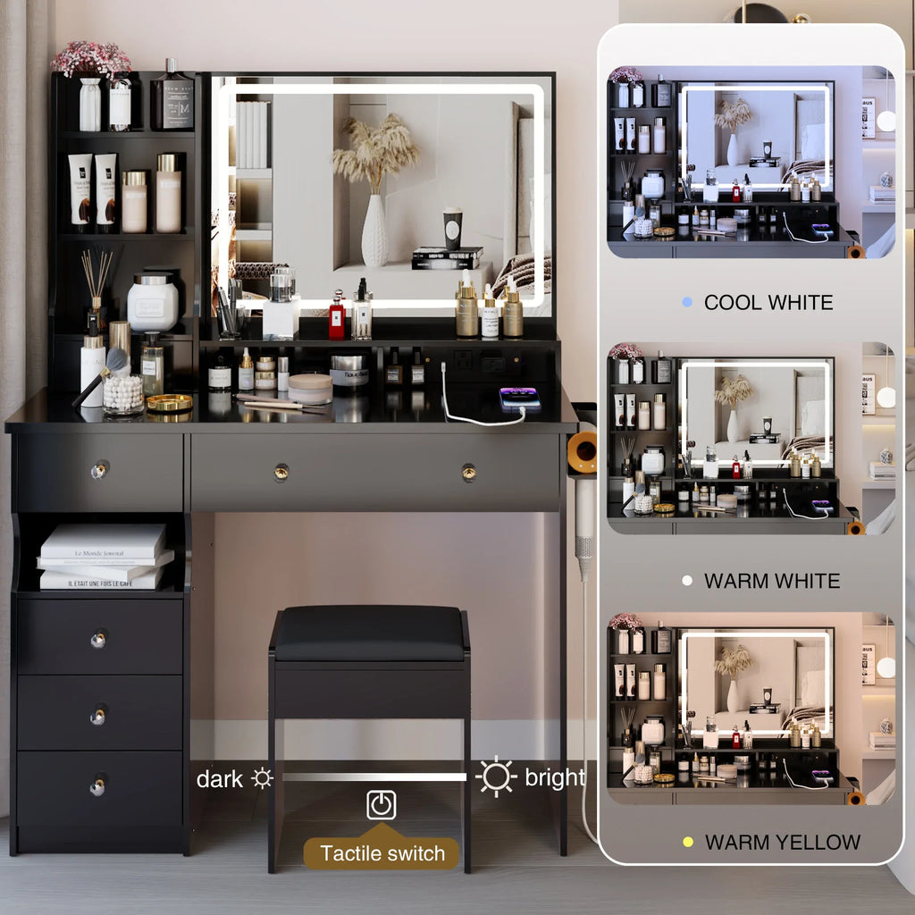 41' Large Size Left Drawer Desktop Vanity Table+Cushioned Stool Dresser Set, 2 AC+2 USB Power Station, Hair Dryer Stand, Extra Large Touch Control LED Mirror, 3-color Switch, EPA, GCC, UL Certificate - Eloy Royal