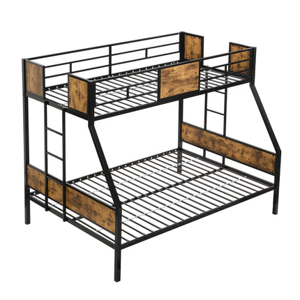 Modern Twin Over Full Metal Bunk Bed with Side Ladders and Guardrail, Black & Brown, MDF & Metal