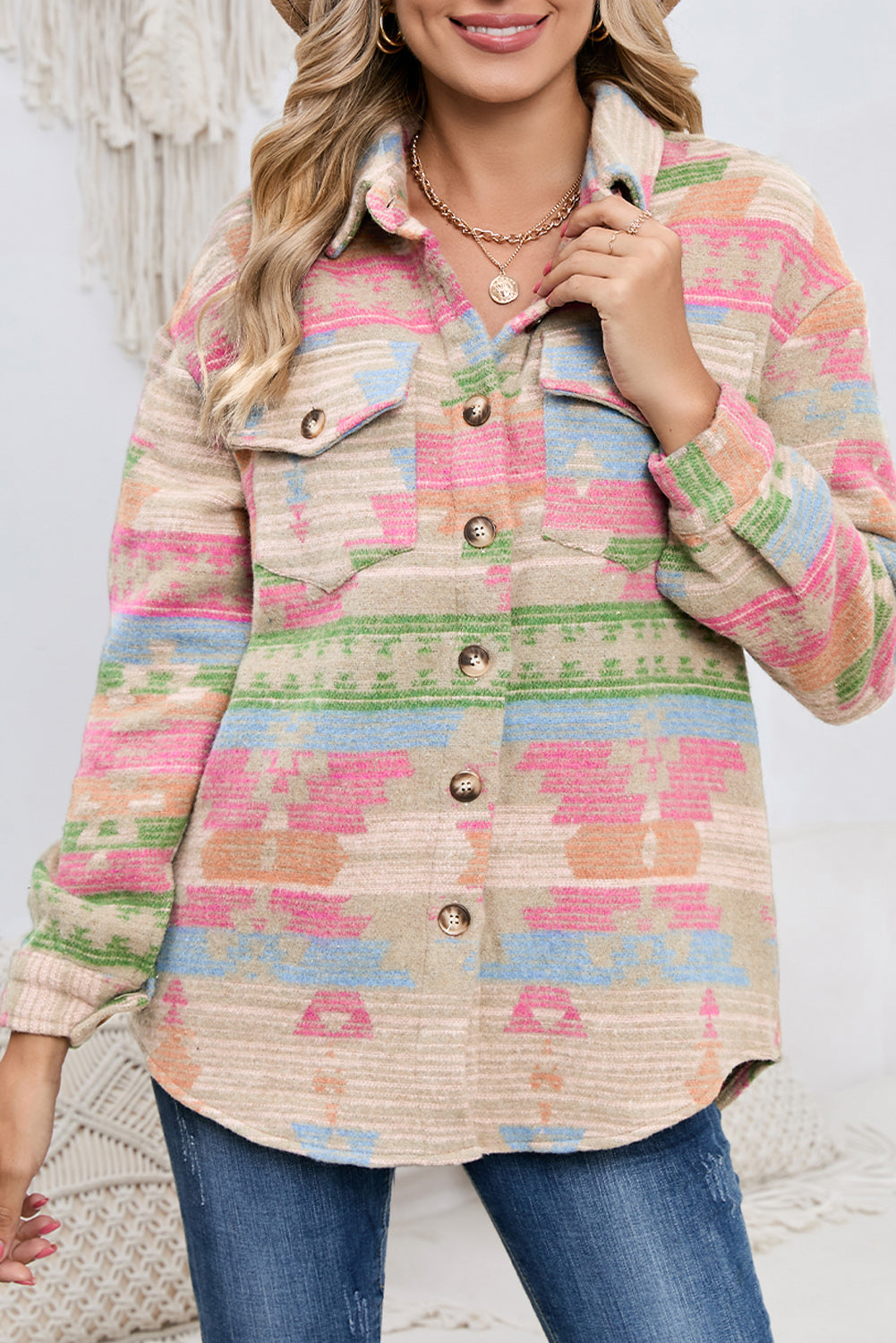 Multicolor Button Up Flap Pockets Geometric Jacket for Women - Eloy Royal