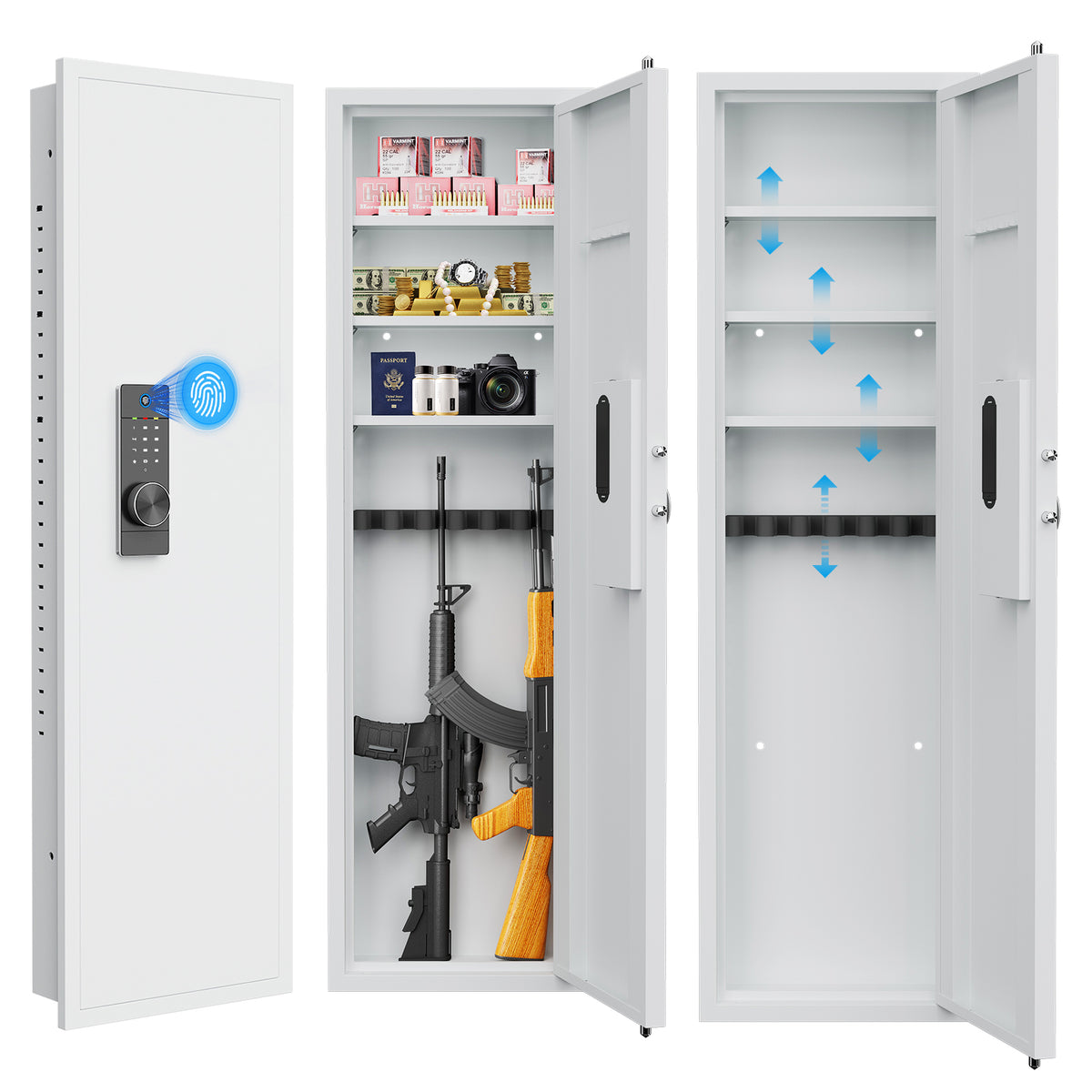 53' Fingerprint Touch Panel In-Wall Safe,Hidden Wall Gun Safe for Rifles with Adjustable Shelves,Assembled Storage Multifunctional Wall Safe for Firearm and Valuables (White-Fingerprint)