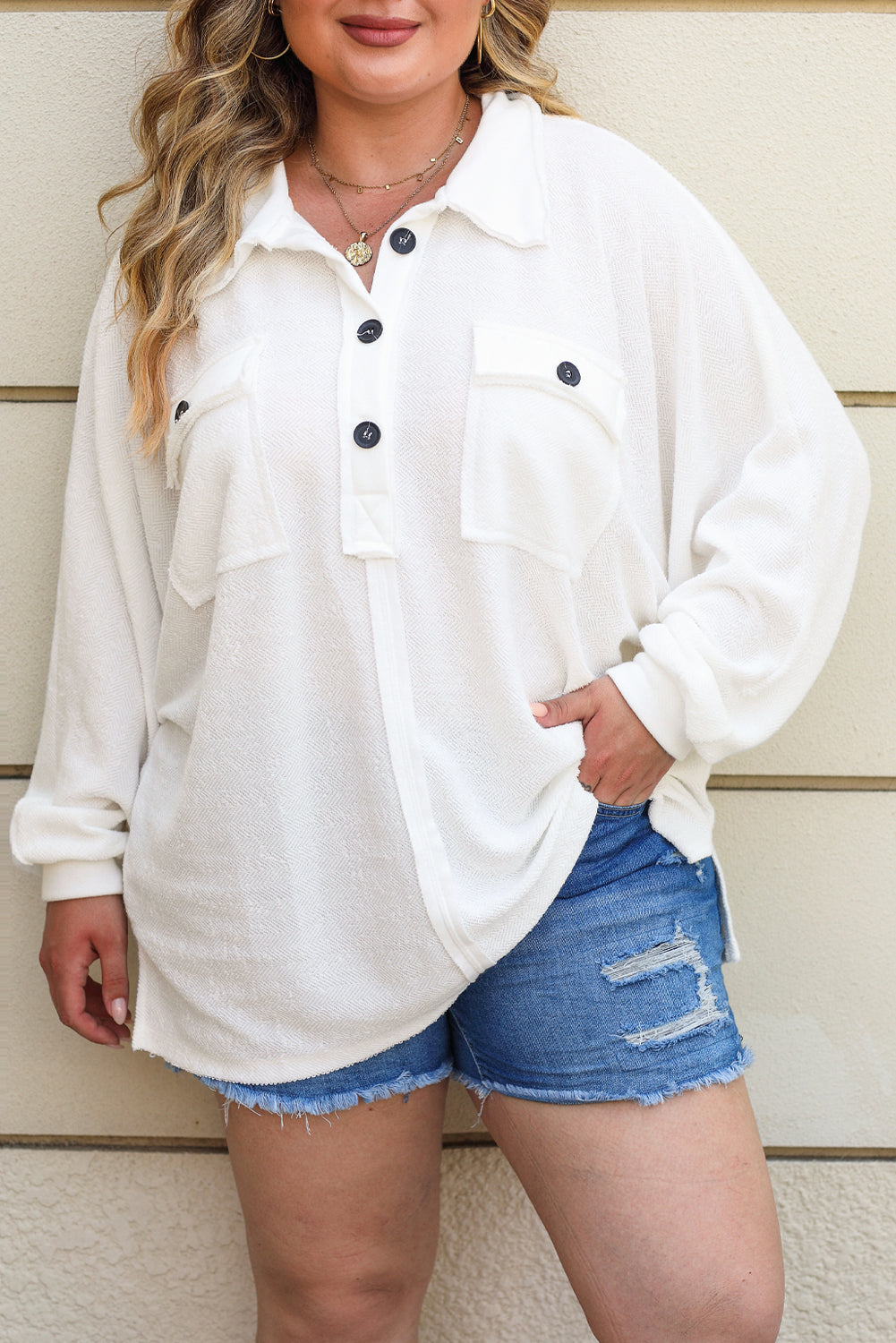 White Plus Size Long Sleeve Flap Pocket Henley Top - Eloy Royal