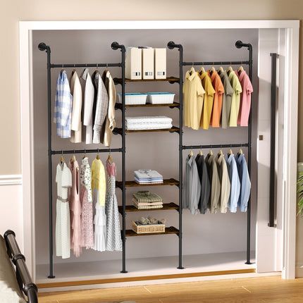 Industrial Pipe Clothing Racks, Wall Mounted Clothing Rack,Heavy Duty Garment Rack Closet Wardrobe Rack with Shelves,Closet Clothes Rack,Walk-in Pipe Closet System