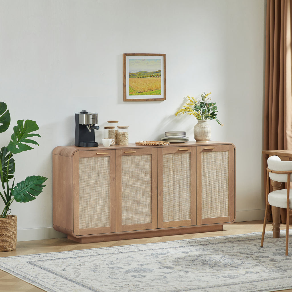Rattan Storage Sideboard Buffet Cabinet with 4 Doors, Integrated Sturdy Base, Perfect for Living Room, Kitchen and Dining Room,Caramel