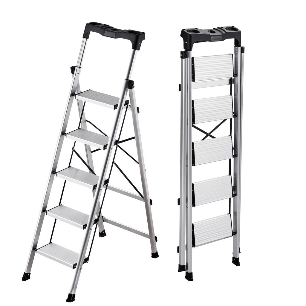 5 Step Ladder, Folding Step Stool with Wide Anti-Slip Pedal and Comfort Handgrip, 330 lbs Capacity Portable Aluminum Stepladder, Multi-Use for Kitchen, Warehouse, Household and Office, Silver