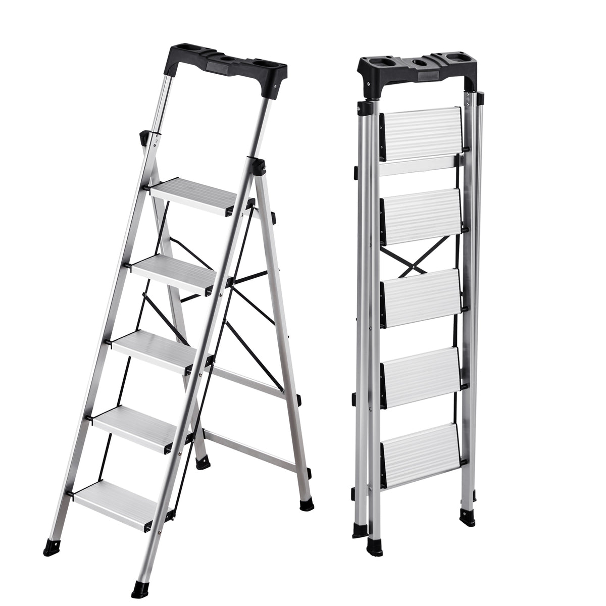 5 Step Ladder, Folding Step Stool with Wide Anti-Slip Pedal and Comfort Handgrip, 330 lbs Capacity Portable Aluminum Stepladder, Multi-Use for Kitchen, Warehouse, Household and Office, Silver