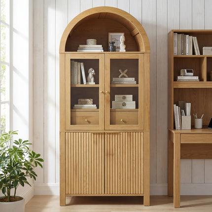 71' Fluted Tall Arched Pantry Cabinet with Adjustable Shelves, Elegant Display Storage with Hidden Drawer & Glass Door for Kitchen, Living Room, Dining Room, Oak