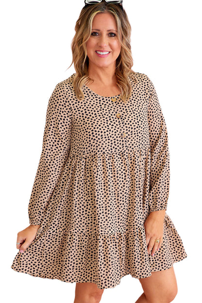 Brown Leopard Spotted Print Tiered Long Sleeve Plus Size Dress - Eloy Royal