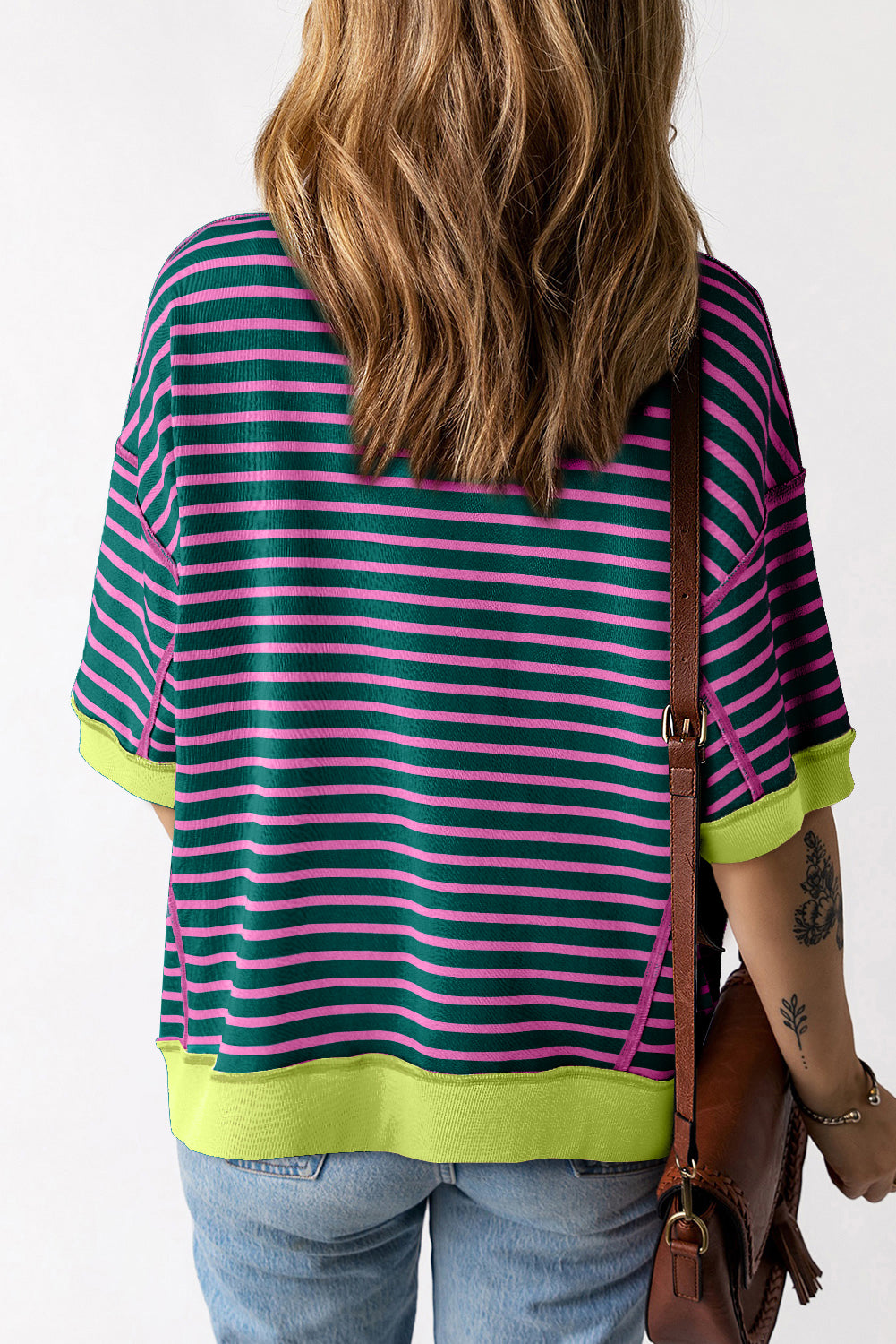 Pink Stripe Colorblock Drop Sleeve Loose Top - Eloy Royal