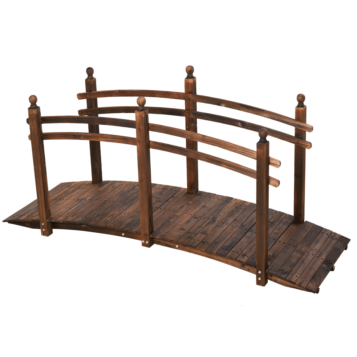 Outsunny 7.5' Fir Wood Garden Bridge Arc Walkway with Side Railings, Carbonized Finish, Brown