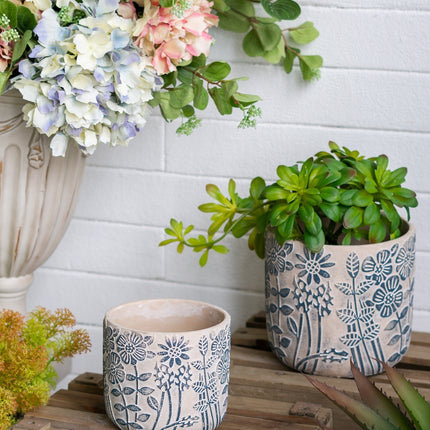 S/2 Gray Sand and Cement Planters with Blue Floral Motif, L:D7x6.7' S:D5.5x5'