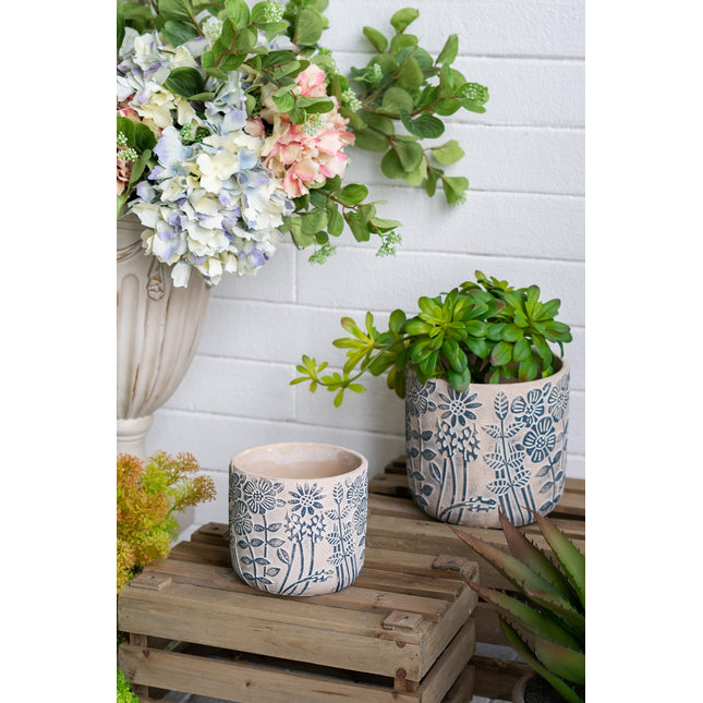 S/2 Gray Sand and Cement Planters with Blue Floral Motif, L:D7x6.7' S:D5.5x5'