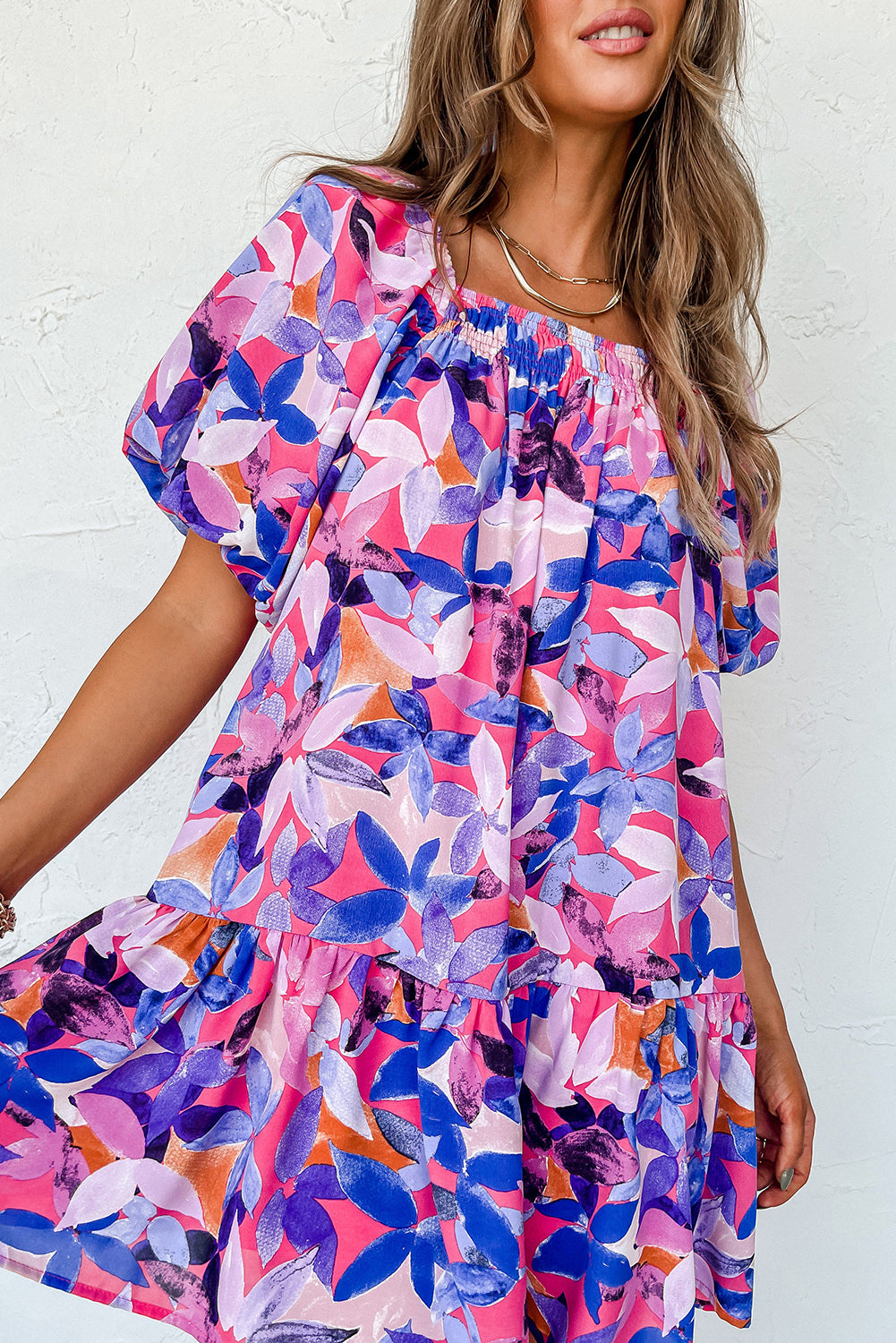 Purple Flower Print Short Puff Sleeve Ruffle Mini Dress - Eloy Royal