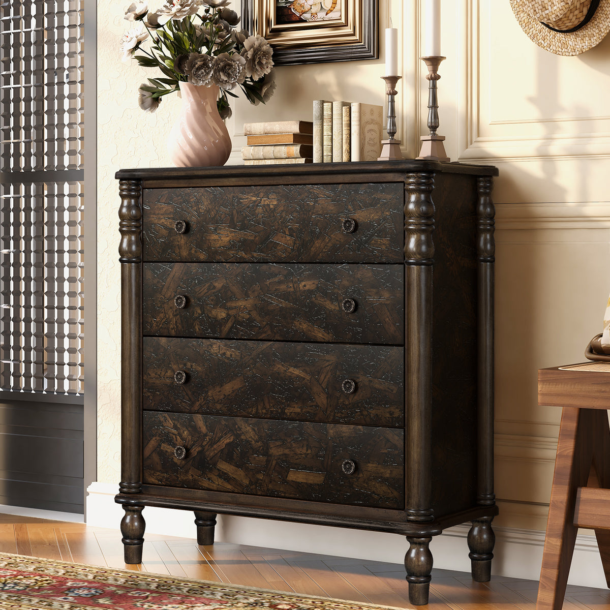 Farmhouse Chest of Drawers for Bedroom, 32'' Tall Dresser for Closet, Rustic Wood Dressers with 4 Solid Wood Feet for Bedroom, Hallway, Entryway, Espresso