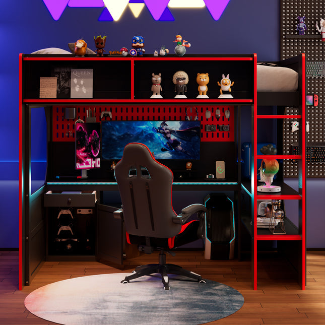 Twin Size Gaming Loft Bed with Integrated Desk and Lights, Modern Wooden Bed Frame with Desk and Built-in Charging Station, Black+Red