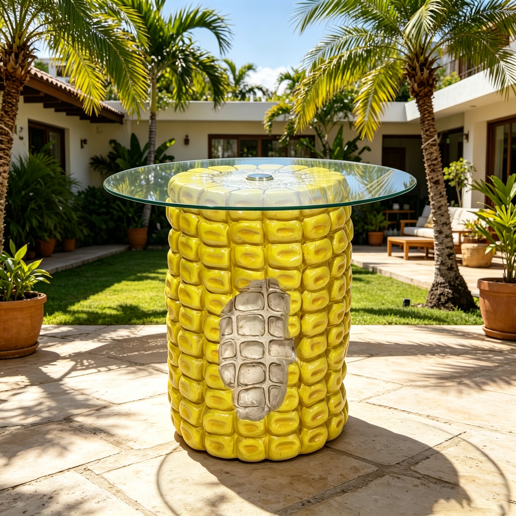 17.32' High Novelty Corn Cob Side Table, 19.69' Wide Resin Vegetable-Shaped End Table with Glass Top, Multi-Functional Accent Furniture for Home & Garden Decoration