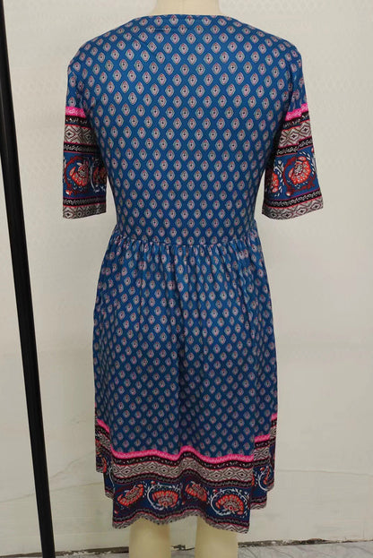 Bluing Casual Ethnic Print Short Sleeve Midi Dress - Eloy Royal