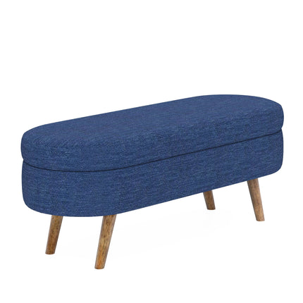 Ottoman Oval Storage Bench with Rubber Wood Legs in Blue Linen with