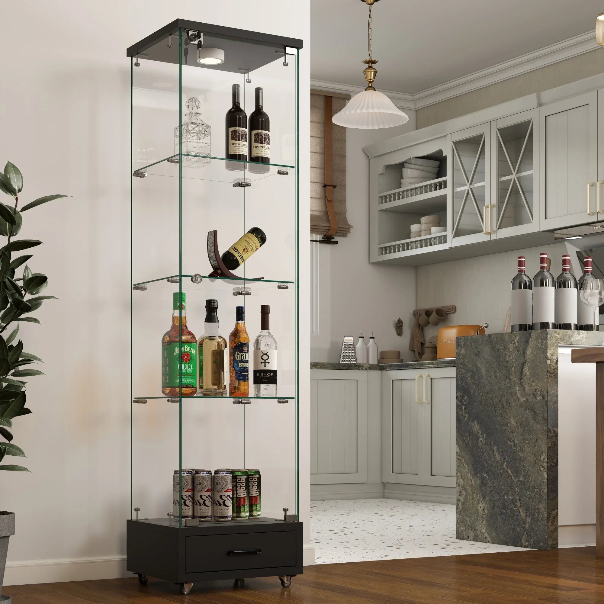 Modern Glass Display Cabinet with Drawer , Quick-assembly Antique Cabinet with LED lights, Tempered Glass Bookshelf, 1-Door Storage Case with 4 Shelves for Living Room and Bedroom, black - Eloy Royal