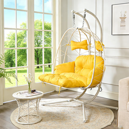 2 Person Hanging Egg Chair with Stand, Double Outdoor Wicker Swing Chair with Adjustable Footrest & Thickened Cushions for Patio Garden Balcony
