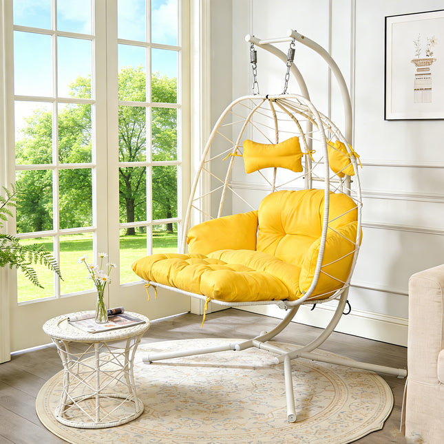 2 Person Hanging Egg Chair with Stand, Double Outdoor Wicker Swing Chair with Adjustable Footrest & Thickened Cushions for Patio Garden Balcony