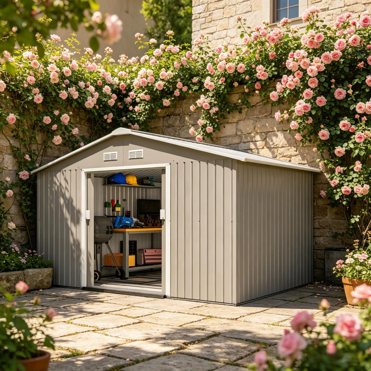 Durable Outdoor Storage Shed with Four Strategically Placed Vents,Backyard Tools Storage Shed,Garden Metal Shed