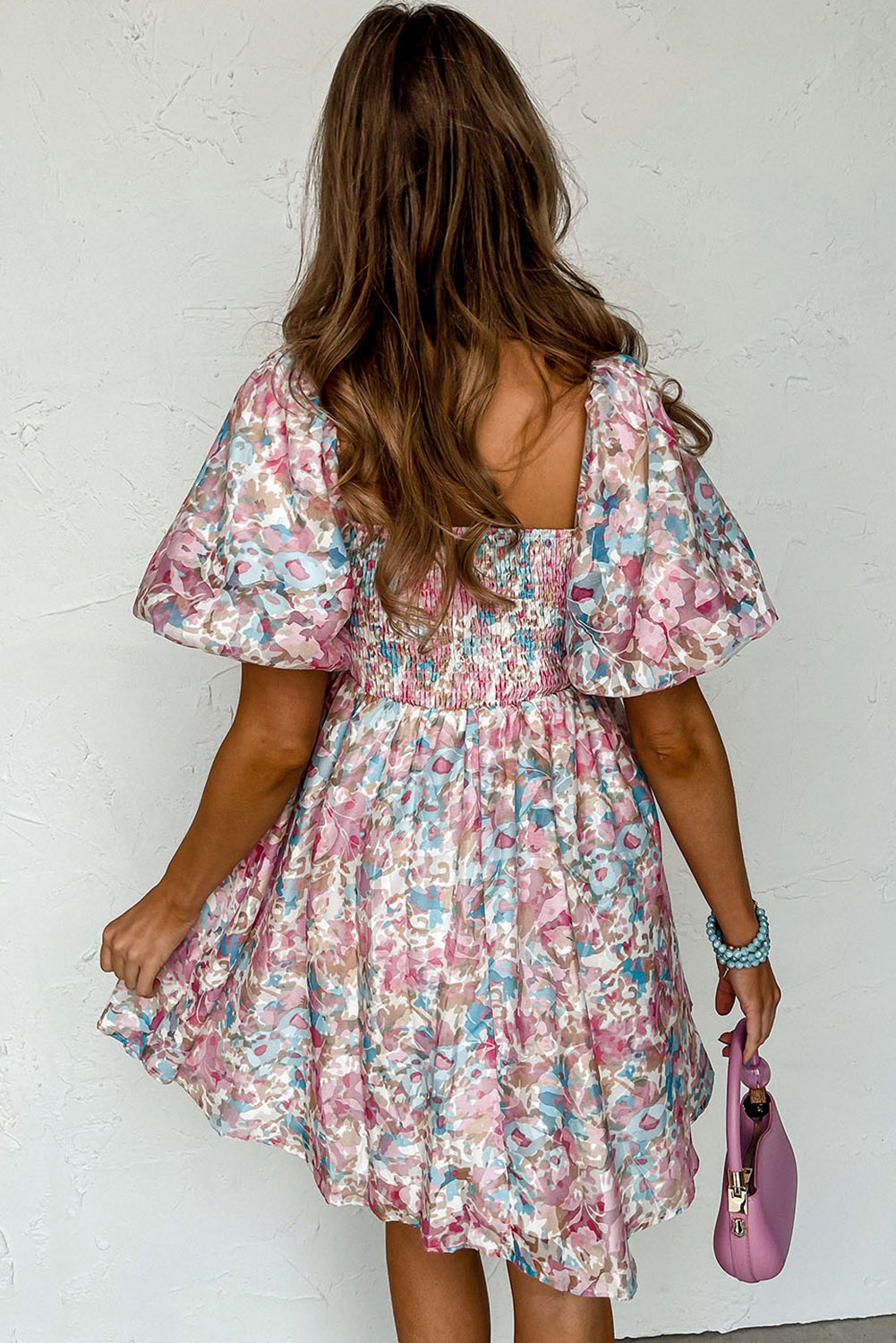 Pink Floral Lantern Sleeve Square Neck Ruffled Mini Dress - Eloy Royal