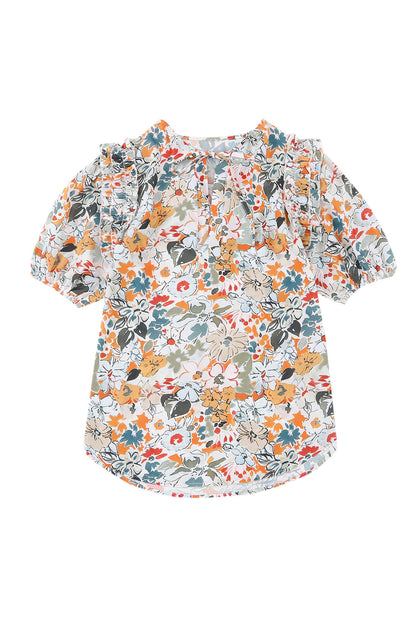 Multicolor Split V Neck Puff Sleeve Floral Print Blouse - Eloy Royal