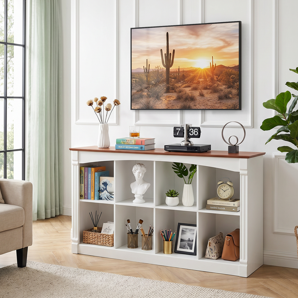 8-Cube Storage Organizer, Two-Tone Wood 2-Tier Cube Bookcase with Decorative Moldings, Horizontal Open Cubby Display Shelf Unit, Low Bookshelf Console Table for Living Room, Bedroom, Office