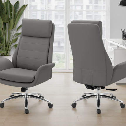 Office Chair, Adjustable Height, Armrests, Ergonomic, Swivel, Computer Desk, Work, Dark Grey Leather-look, Chrome Metal, Contemporary, Modern