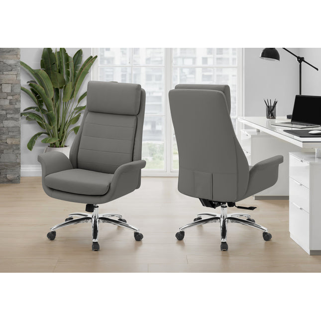 Office Chair, Adjustable Height, Armrests, Ergonomic, Swivel, Computer Desk, Work, Dark Grey Leather-look, Chrome Metal, Contemporary, Modern