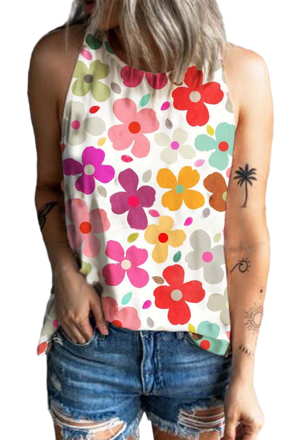 White Vibrant Floral Print Summer Tank Top - Eloy Royal