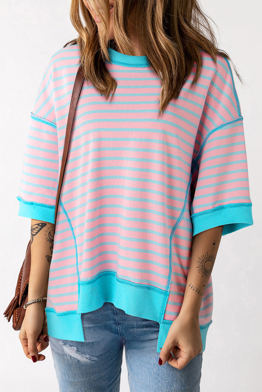 Pink Stripe Colorblock Drop Sleeve Loose Top - Eloy Royal