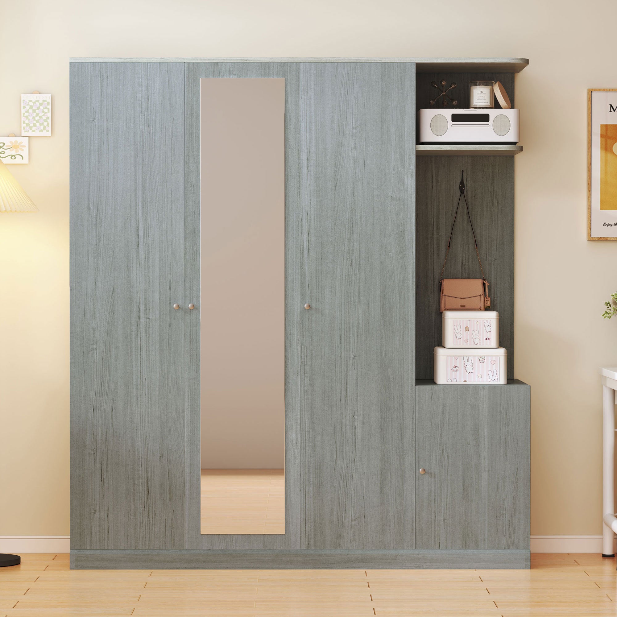 4-Door Wardrobe with Shelves, Drawers, and Full-Length Mirror, Gray