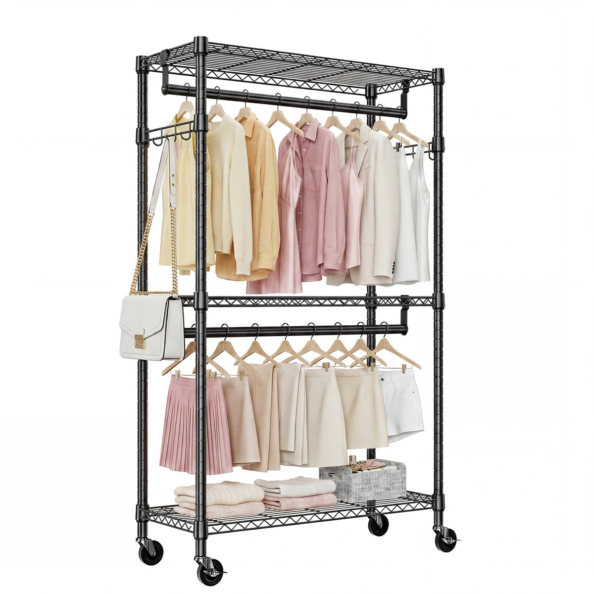 Heavy Duty Rolling Garment Rack 3 Tiers Adjustable Wire Shelving Clothes Rack with 2 Rods and Side Hooks,Storage Closet Clothing Rack with Wheels Black 15.7' D x 29.5' W x 74.5' H