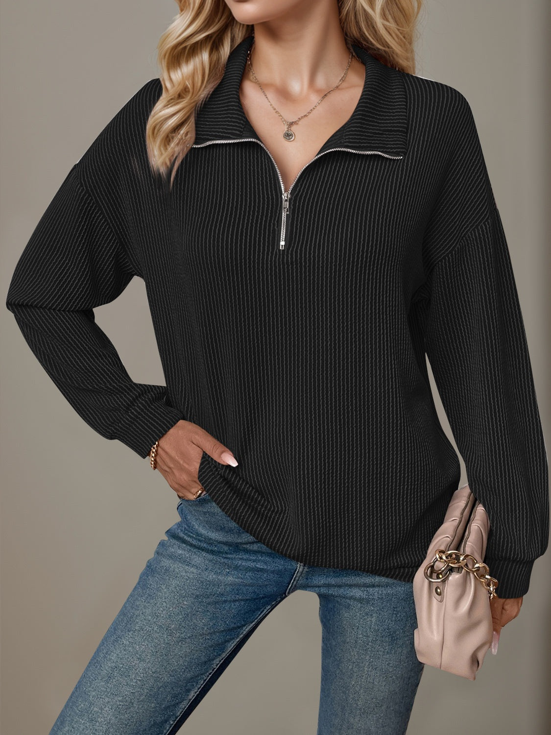 Double Take Striped Half Zip Long Sleeve T-Shirt