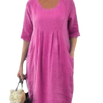 Women's Long Sleeve Round Neck Pocket Solid Color Dress