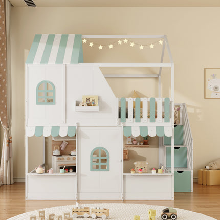 Full Over Full House Bunk Bed with Storage Staircase & Shelves, Wooden Kids Bunk Bed Frame with Playhouse Design, Roof & Door, Storage Steps and Open Shelving, White+Mint Green
