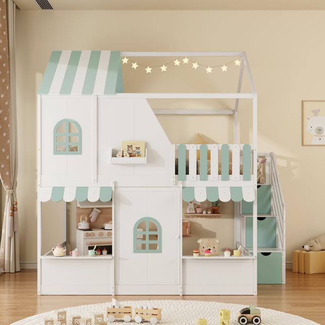 Full Over Full House Bunk Bed with Storage Staircase & Shelves, Wooden Kids Bunk Bed Frame with Playhouse Design, Roof & Door, Storage Steps and Open Shelving, White+Mint Green