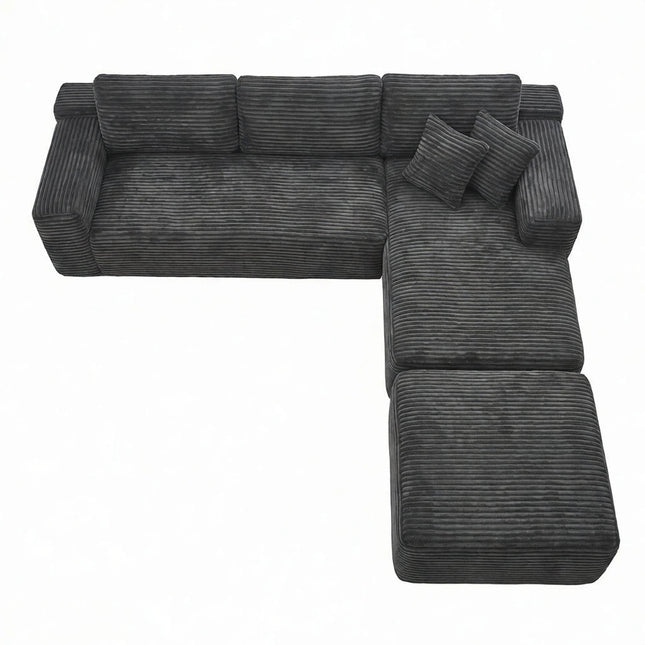 106.5' L-Shaped Corduroy Upholstered 3-Seat Lounge Sofa with Ottoman, Right Hand Facing