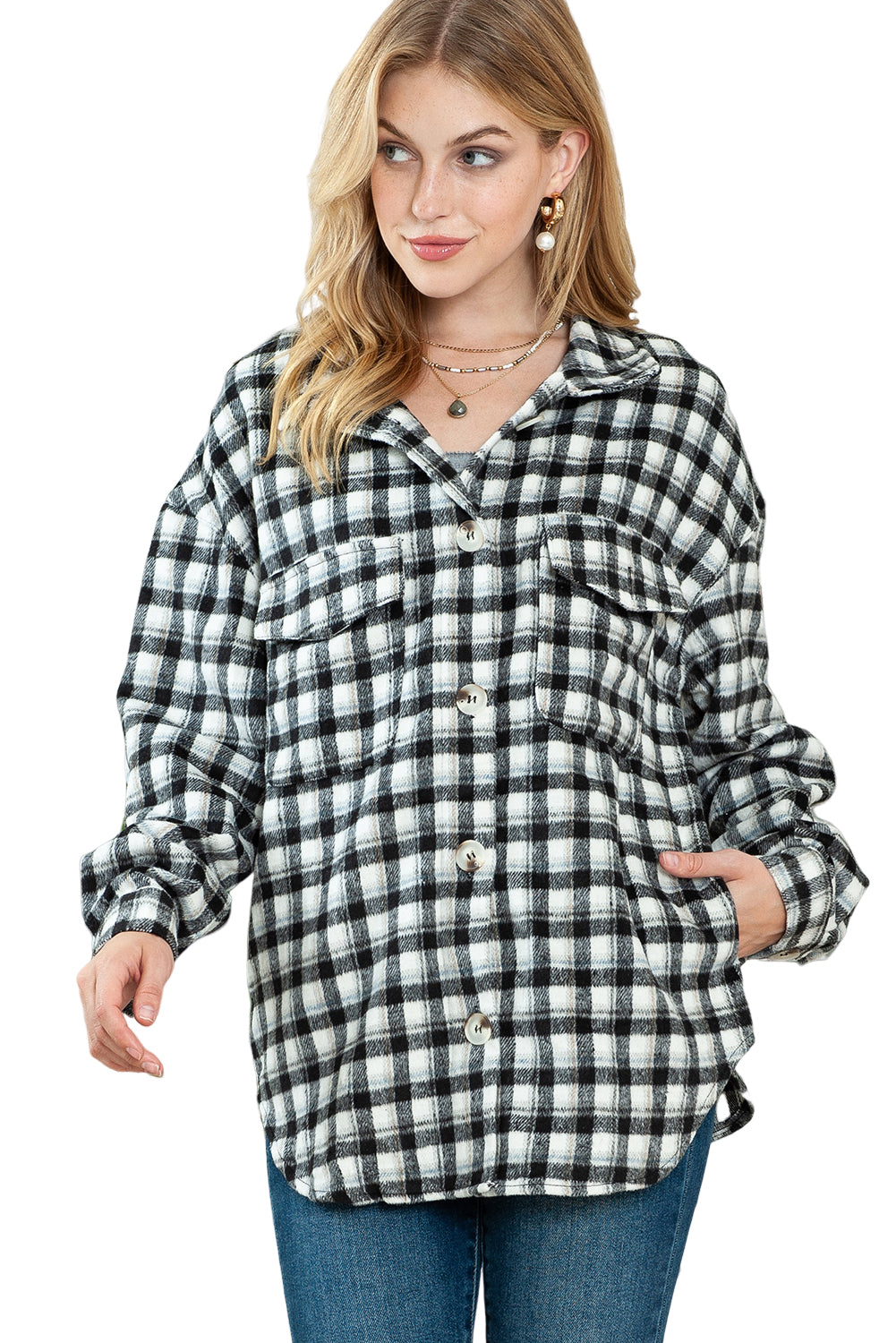 Wholesale Black Plaid Print Chest Pockets Buttoned Tunic Shacket - Eloy Royal