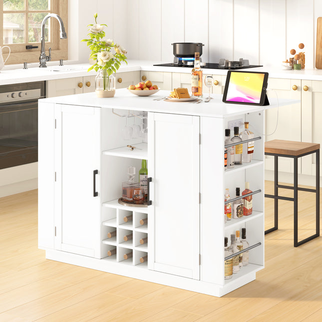 U-Style 47.2' Counter Height Table with Foldable Top & Power Outlet, Sideboard Buffet Cabinet & Bar Cabinet, Wine Rack & Stemware Holder, 2-Door Storage Cabinet for Dining Room (Chairs Not Included)