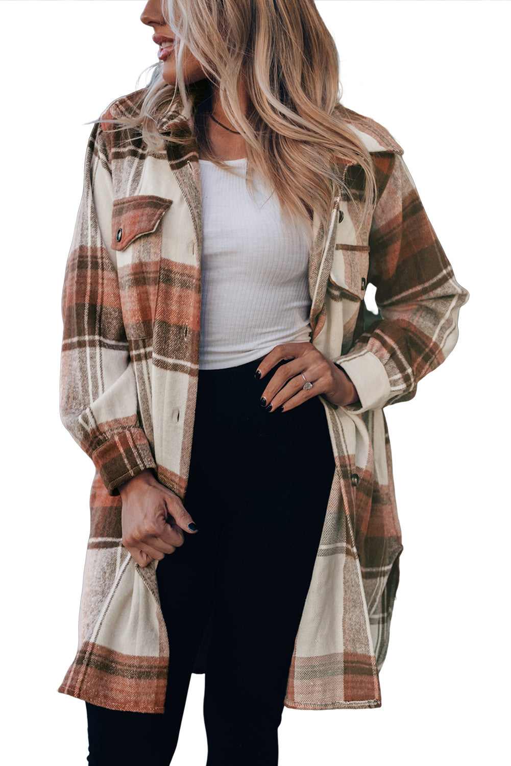 Wholesale Brown Plaid Casual Button Up Flannel Long Shacket with Flap Pockets - Eloy Royal