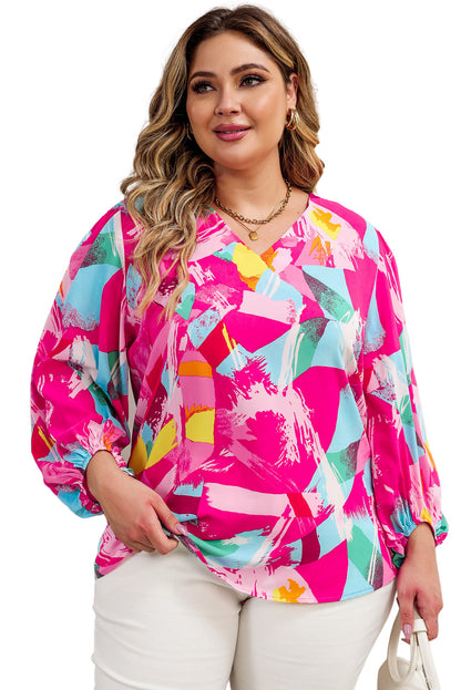 Pink Plus Size Graffiti Print Split Neck Puff Sleeve Blouse - Eloy Royal