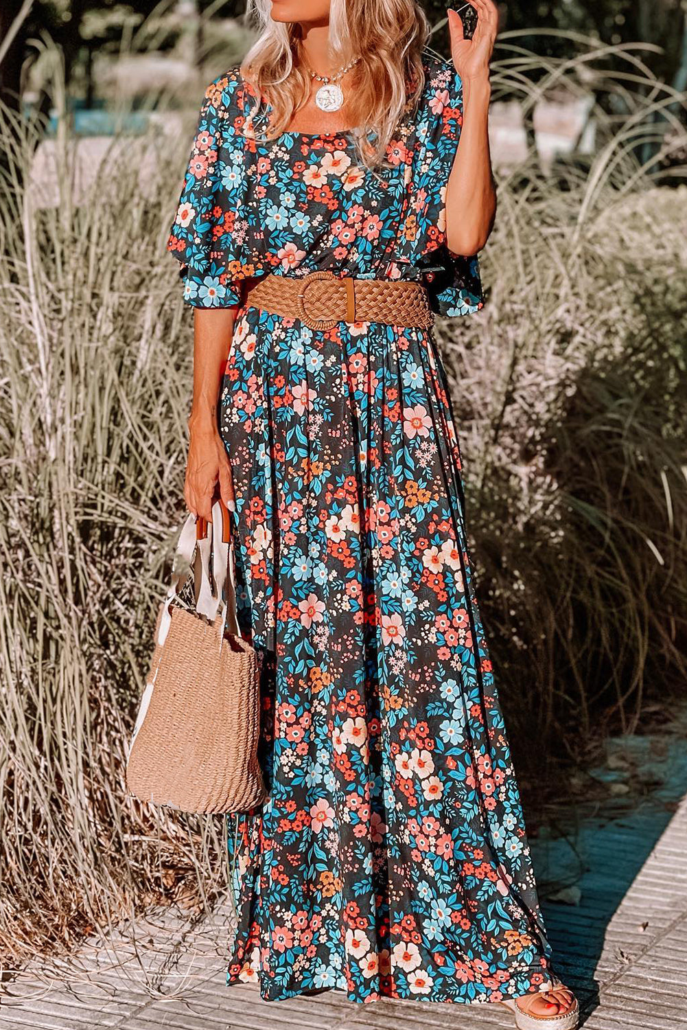 Sky Blue Boho Floral Print Knotted Backless Maxi Dress - Eloy Royal