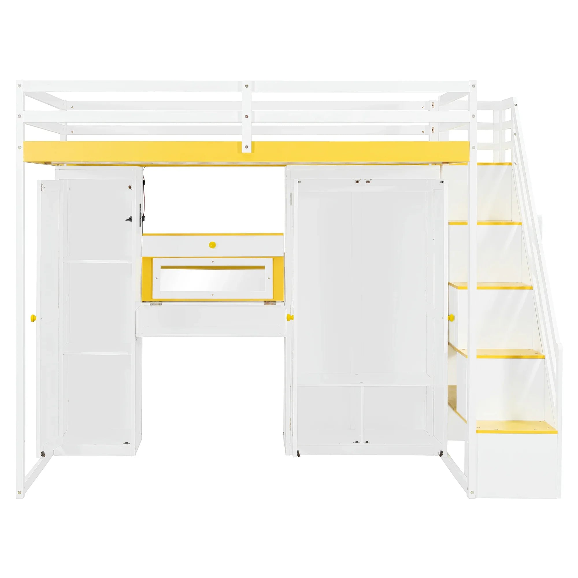 Full Size Loft Bed with Storage Staircase,Built-In Dressing Table with Mirror and Drawer, Wardrobe & Cabinets, USB Charging Ports and Lights, White+Yellow - Eloy Royal
